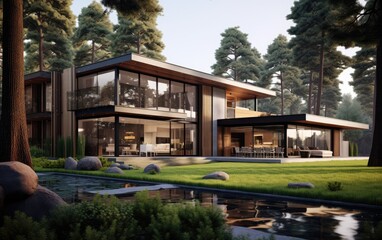 modern house with modern glasswalls and green yard with trees Generative AI