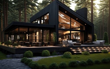 Fototapeta na wymiar modern black wooden house in the green forest Generative AI