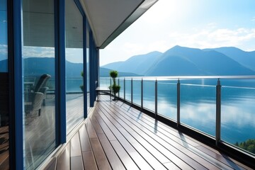 photo of hotel balcony with lake view Photography AI Generated