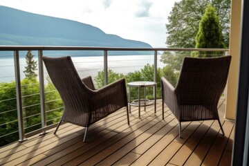 Obraz premium photo of hotel balcony with lake view Photography AI Generated