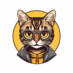 Hipster Tabby Cat Mascot Icon Design Hand Drawn