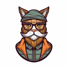Hipster Mascot Old Cat Flat Hand Drawn Style