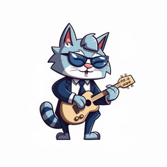Mascot Sunglasses Cat Play Music In 2D Style