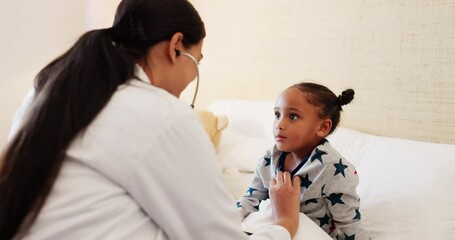 Home healthcare for a child by a doctor doing breathe test on bed and in a bedroom or medical professional help little kid. Stethoscope, cardiology and GP test or check a sick girl with lung issue