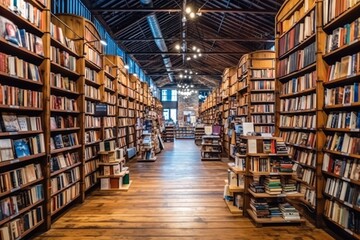 stock photo of empty bookstore full of book - obrazy, fototapety, plakaty