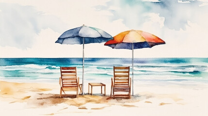 Watercolor Beach Banner. Summer Vacation Design, Tropical Island Landscape Art, White Sand, Two Chairs and Umbrella, Blue Sea, Calm Clouds, Sky, Birds - Artistic Paint Texture on Sunny Coastline Wave