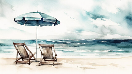 Fototapeta na wymiar Watercolor Beach Banner. Summer Vacation Design, Tropical Island Landscape Art, White Sand, Two Chairs and Umbrella, Blue Sea, Calm Clouds, Sky, Birds - Artistic Paint Texture on Sunny Coastline Wave