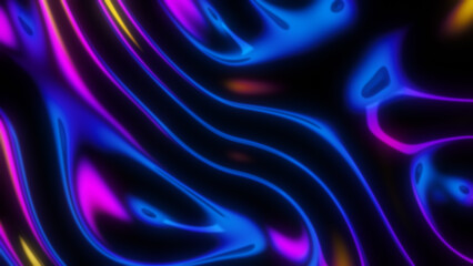 Futuristic iridescent holographic waves. Metallic foil background. Neon colors wavy surface