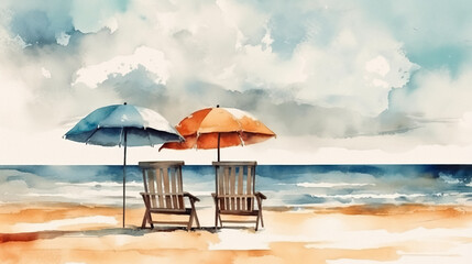 Fototapeta na wymiar Watercolor Beach Banner. Summer Vacation Design, Tropical Island Landscape Art, White Sand, Two Chairs and Umbrella, Blue Sea, Calm Clouds, Sky, Birds - Artistic Paint Texture on Sunny Coastline Wave