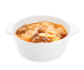 Tasty cabbage soup with meat and carrot on white background