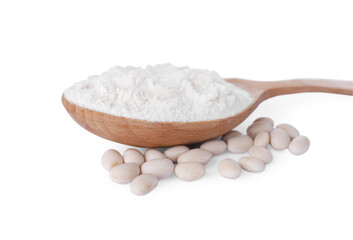 Wooden spoon with flour and kidney beans isolated on white