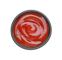 Bowl of tasty ketchup isolated on white, top view. Tomato sauce