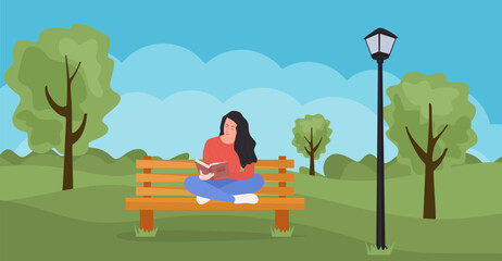 Girl sitting on bench reading book outdoors in the park. Concept illustration for studying, education, healthy lifestyle. Rest and outdoor quiet time. Flat vector illustration