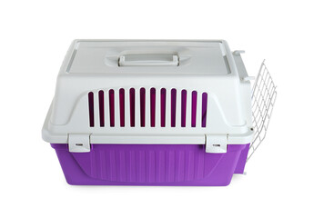 Violet carrier for pet isolated on white