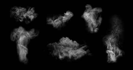 Set with different clouds of white smoke on black background