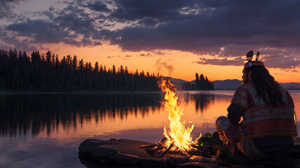 An indigenous man watching the sunset by a campfire by the lake