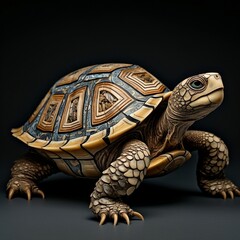 A photorealistic image of a turtle, its shell covered in intricate markings