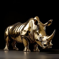A photorealistic sculpture of a rhinoceros, made from solid gold