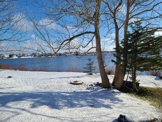A shoreline with a dusting of snow on the lawn.