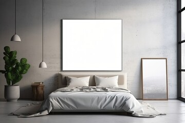 Mock up for poster, artwork frame in minimalist bedroom interior background, cement wall