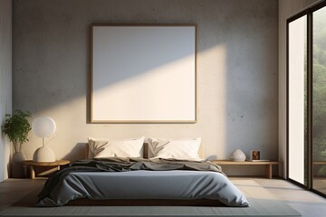 Mock up for poster, artwork frame in minimalist bedroom interior background, cement wall