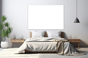 Mock up for poster, artwork frame in minimalist bedroom interior background, cement wall
