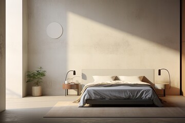 Mock up for poster, artwork frame in minimalist bedroom interior background, cement wall
