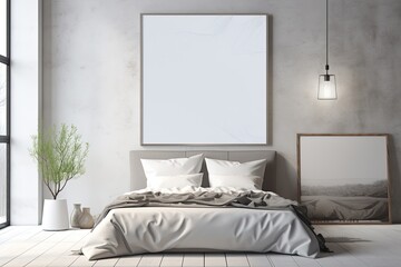 Mock up for poster, artwork frame in minimalist bedroom interior background, cement wall
