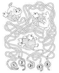 Cat plays with a ball of fur. Children logic game to pass maze. Educational game for kids. Choose right path. Write correct answers. Funny cartoon character. Vector illustration. Coloring book
