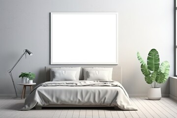 Mock up for poster, artwork frame in minimalist bedroom interior background, cement wall