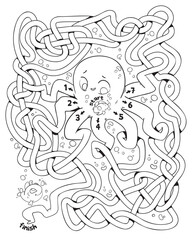 Obraz premium Cute octopus with long tangled tentacles. Children logic game to pass the maze. Educational game for kids. Attention task. Choose right path. Funny cartoon character. Coloring book. Worksheet