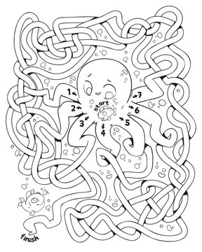 Cute octopus with long tangled tentacles. Children logic game to pass the maze. Educational game for kids. Attention task. Choose right path. Funny cartoon character. Coloring book. Worksheet