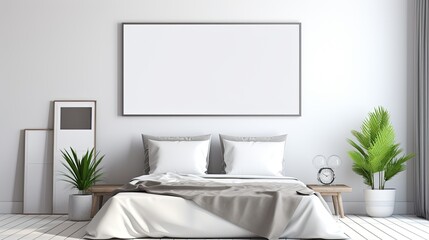 Fototapeta na wymiar Mock up for poster, artwork frame in minimalist bedroom interior background, cement wall