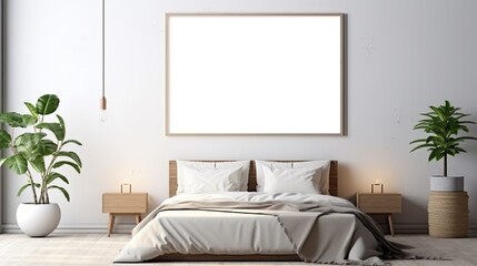 Mock up for poster, artwork frame in minimalist bedroom interior background, cement wall