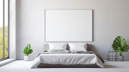 Mock up for poster, artwork frame in minimalist bedroom interior background, cement wall