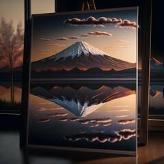 A photo realistic picture of mount fuji as the sun sets behind it the mountains reflection visible through Lake Yamanaka Photo realistic HD UHD RTX Hyper realistic 