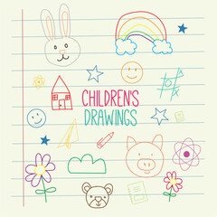 Paper with set of colored kid sketches and doodles Vector