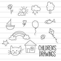 Paper with set of colored kid sketches and doodles Vector