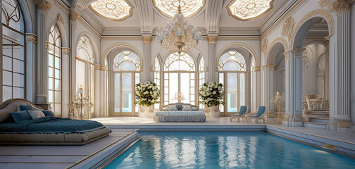 Illustration of a large and luxurious penthouse hotel bedroom with a beautiful private pool and elegant interior design. - obrazy, fototapety, plakaty