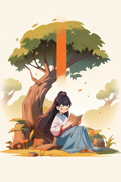 creative illustration of a girl sitting and reading a book