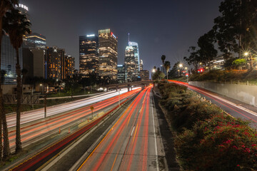 Fototapeta na wymiar Los Angeles City Skyline view from afar of Downtown with mountains