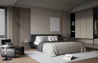Modern Bedroom with bed and decorative items, 3d render
