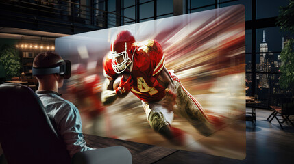 A man using AR goggles in his living room to watch an American football game