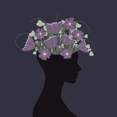 Otwarta głowa z bukietem kwitnących kwiatów. Wzrost emocjonalny, psychoterapia, optymizm, zdrowa głowa i zdrowie psychiczne. Wektorowa ilustracja psychologiczna. - obrazy, fototapety, plakaty