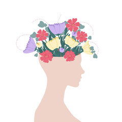 Otwarta głowa z bukietem kwitnących kwiatów. Wzrost emocjonalny, psychoterapia, optymizm, zdrowa głowa i zdrowie psychiczne. Wektorowa ilustracja psychologiczna. - obrazy, fototapety, plakaty
