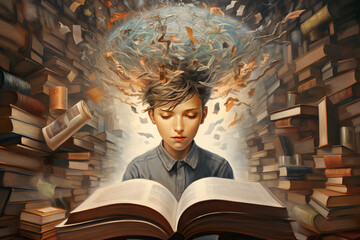 A child sitting on a stack of books.  he is reading a book. a mess over his head. representing the struggle of a dyslexic child during study.  - obrazy, fototapety, plakaty