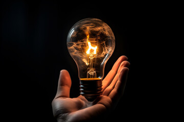 hand-holding bulb isolated in a dark background.