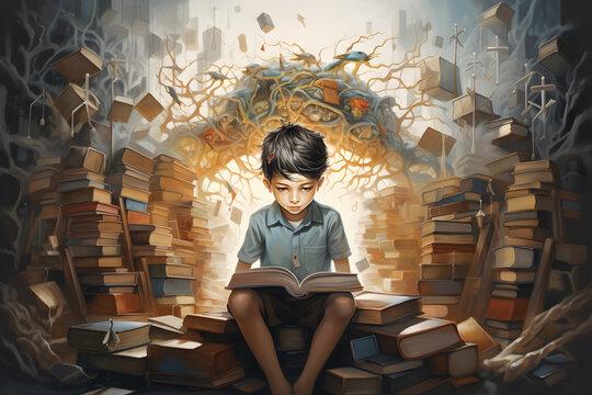 A child sitting on a stack of books.  he is reading a book. a mess over his head. representing the struggle of a dyslexic child during study. 