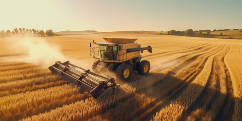 Large powerful rural tractor advancing through wheat plantations for high productivity harvest. Generative AI.
