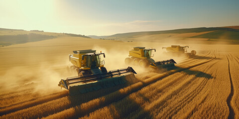 Large powerful rural tractor advancing through wheat plantations for high productivity harvest....